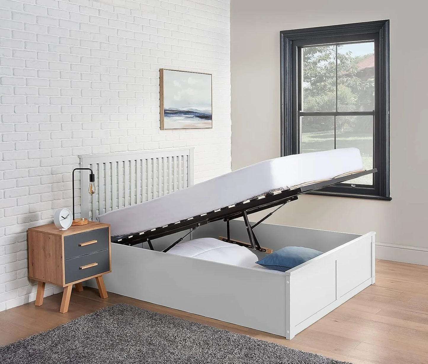 Snowy White Double Ottoman Wooden Storage Bed