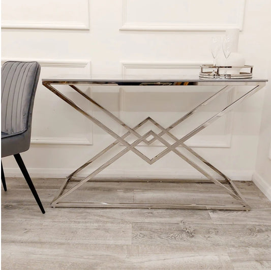 Vesta Chrome Console Table with Stomach Ash Sintered Stone Top