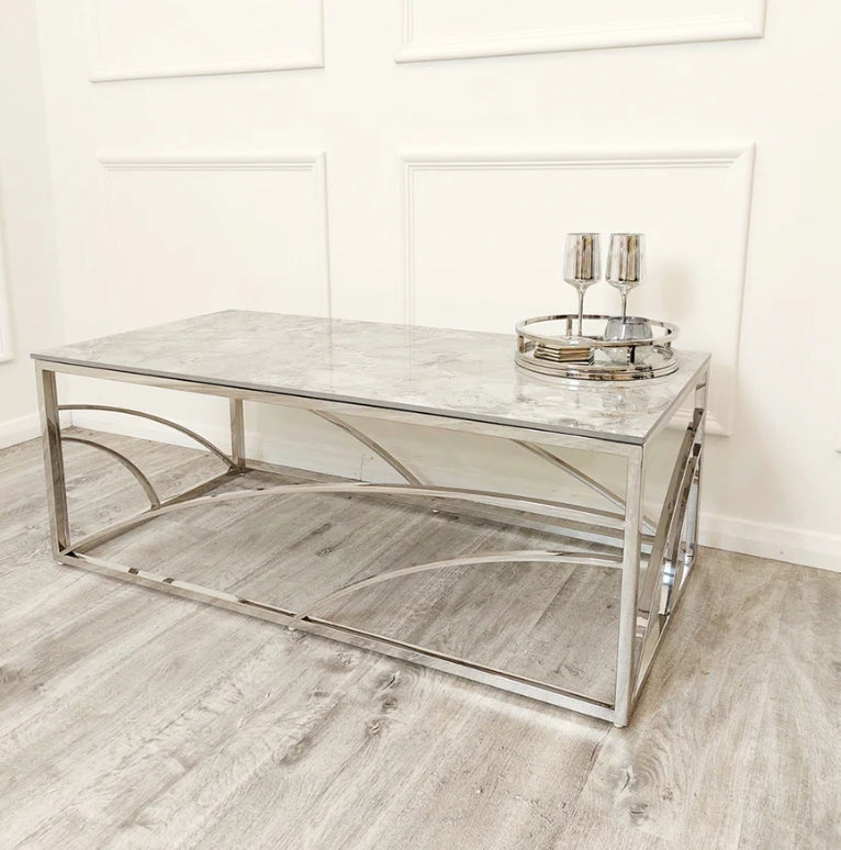 Stella Chrome Coffee Table with Stomach Ash Grey Sintered Top