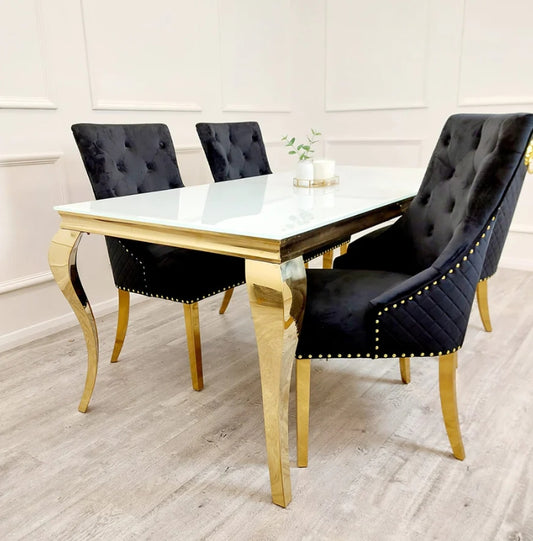 Louis Gold 1.5 Dining Table with White Glass Top