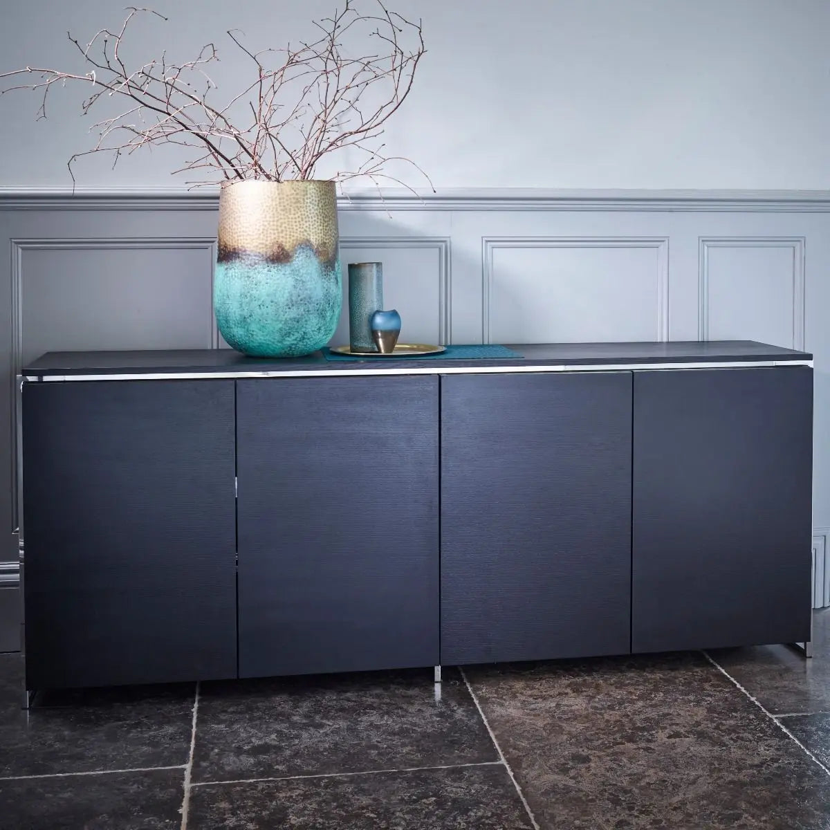 Four Door Sideboard Black Stained Oak Veneer & Polished Frame