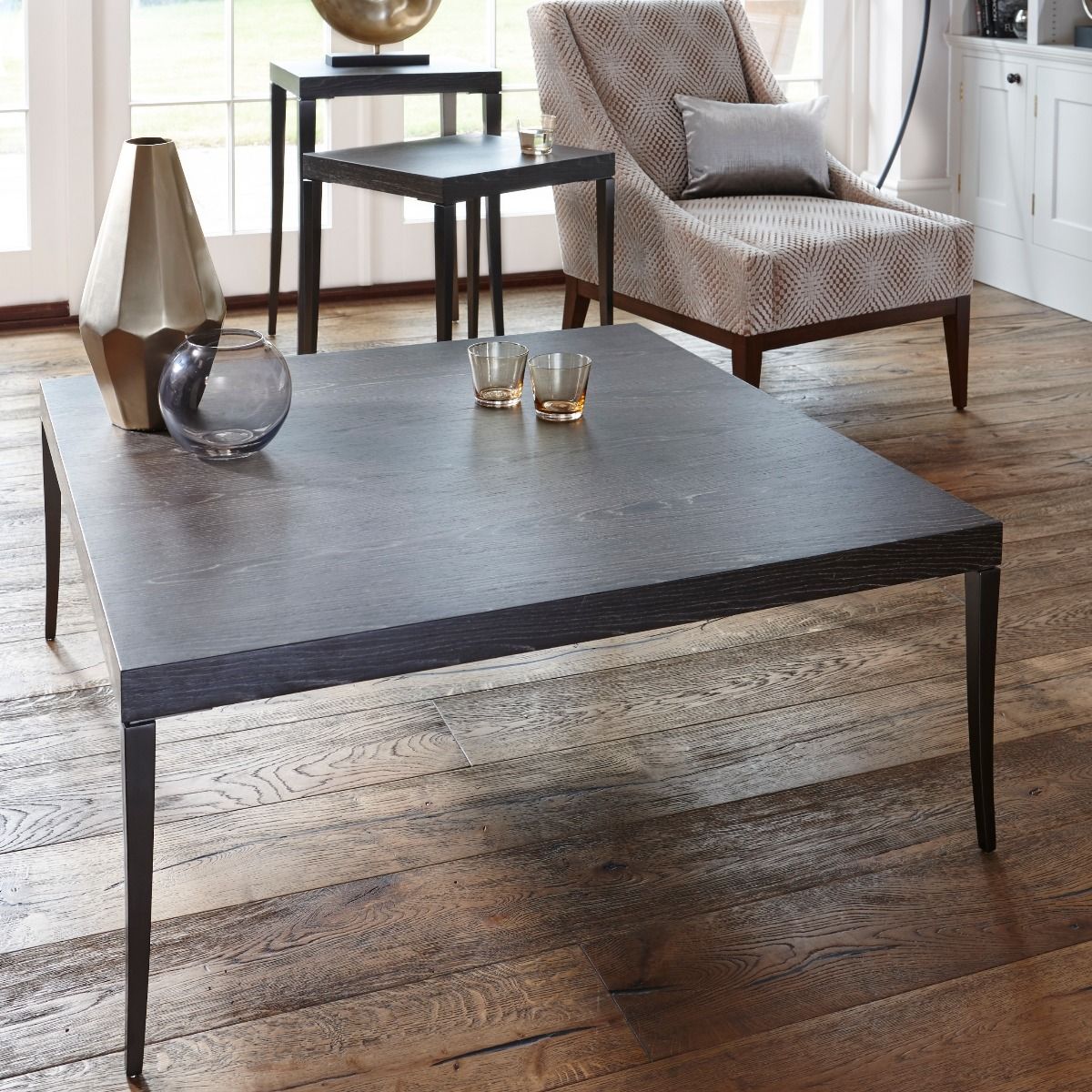 Square Coffee Table with Charcoal Stained Oak Veneer & Gun Metal Legs