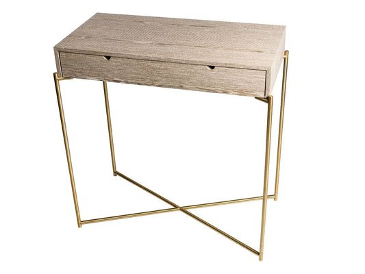 Small Console Table With Drawer Weathered Oak Top & Brass Frame