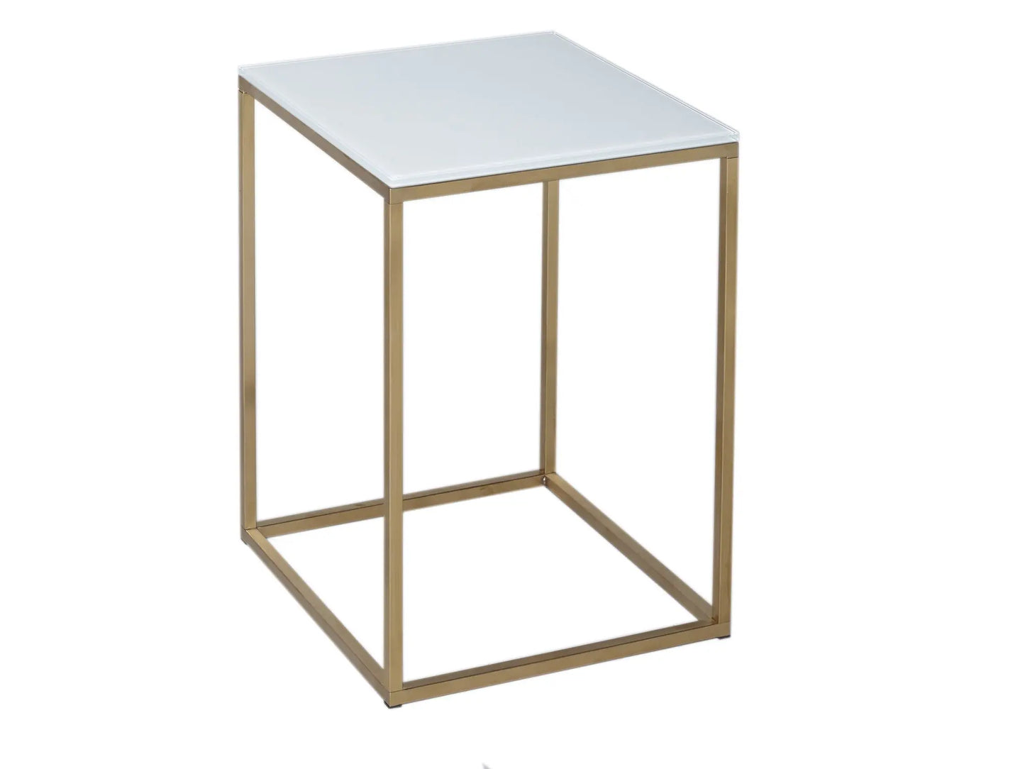 Square Side Table With White Glass Top & Brass Base